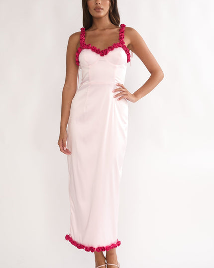 Pink Rosette Trim Maxi Dress