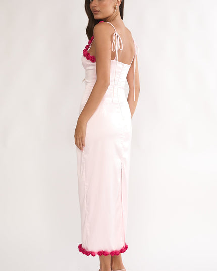 Pink Rosette Trim Maxi Dress