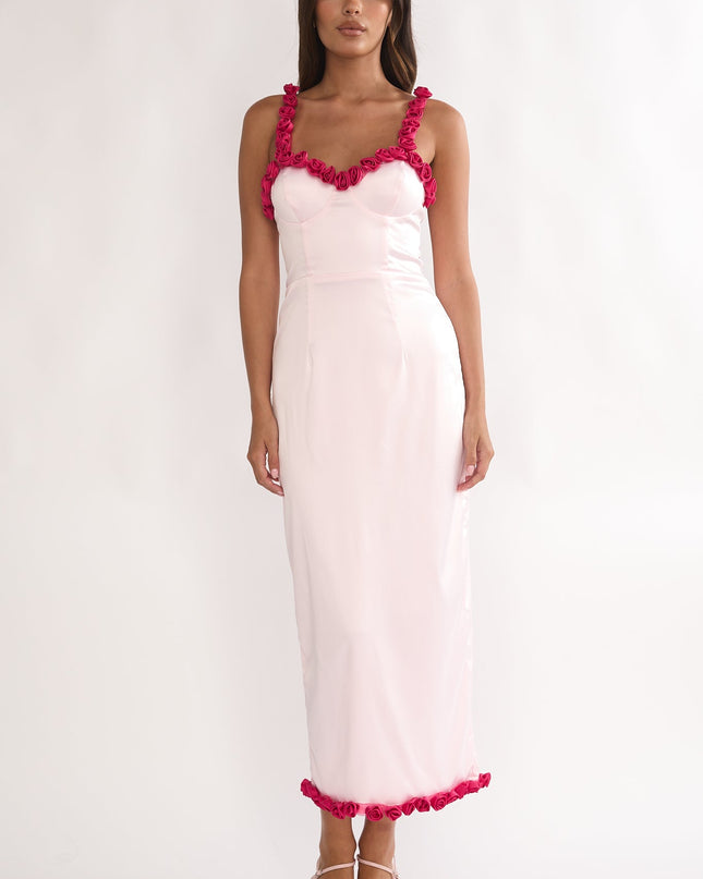 Pink Rosette Trim Maxi Dress