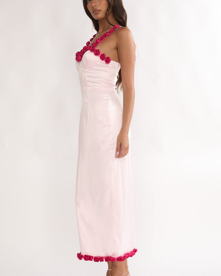 Pink Rosette Trim Maxi Dress