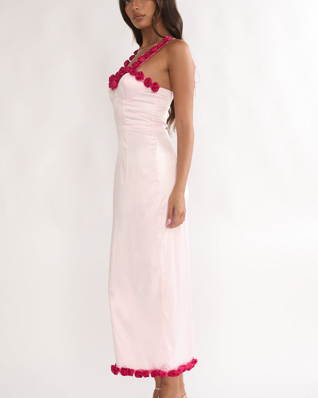 Pink Rosette Trim Maxi Dress