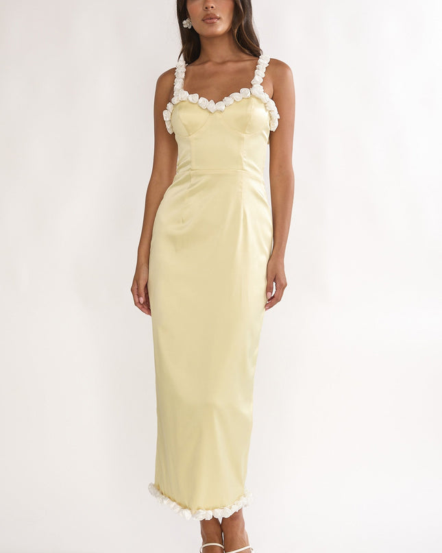 Yellow Rosette Trim Maxi Dress