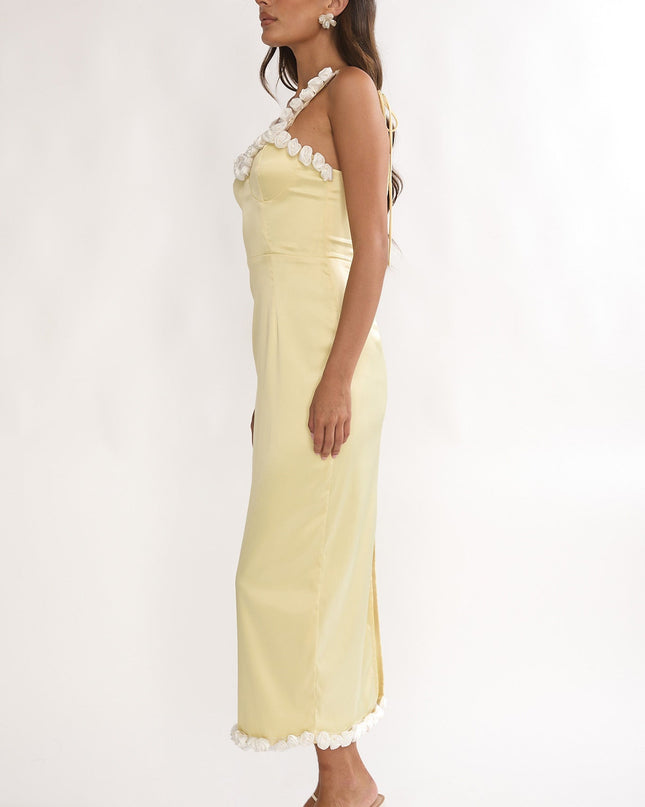Yellow Rosette Trim Maxi Dress