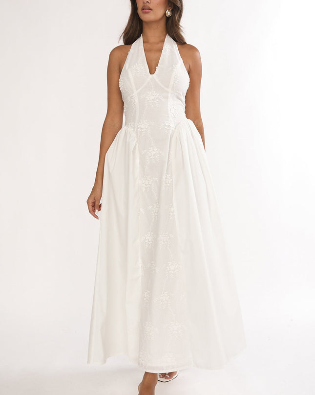 White Embroidered Halterneck Maxi Dress