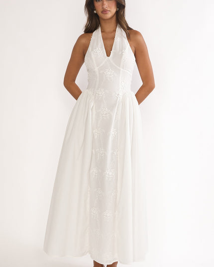 White Embroidered Halterneck Maxi Dress