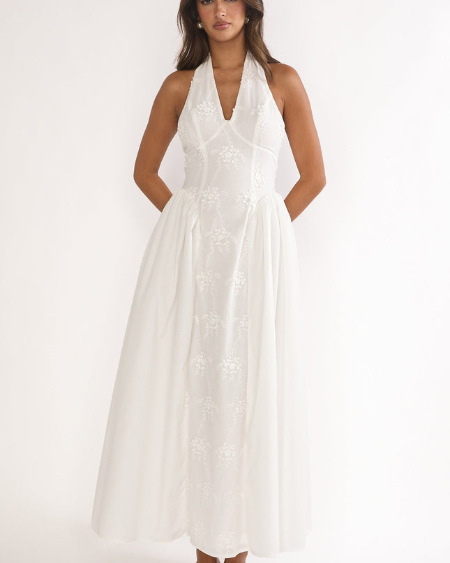 White Embroidered Halterneck Maxi Dress