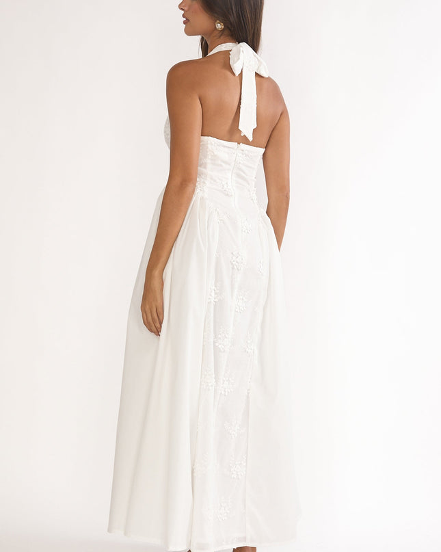 White Embroidered Halterneck Maxi Dress