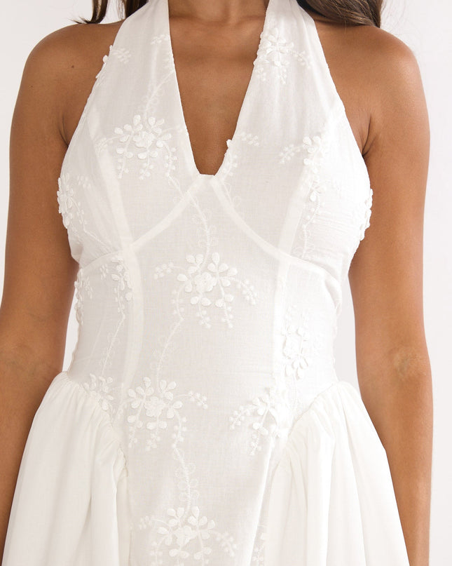 White Embroidered Halterneck Maxi Dress