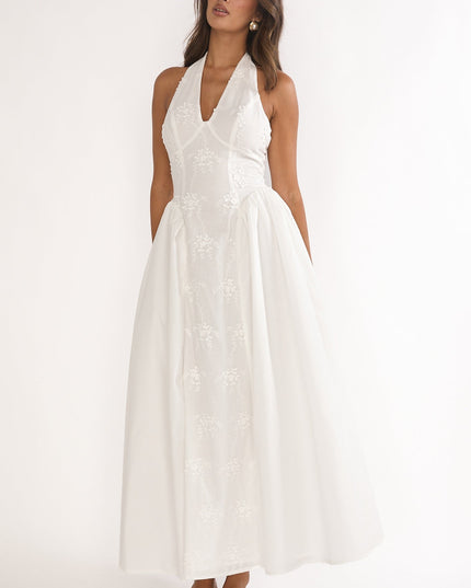 White Embroidered Halterneck Maxi Dress