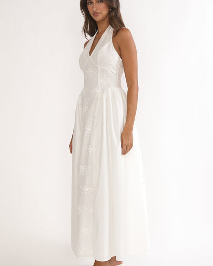 White Embroidered Halterneck Maxi Dress