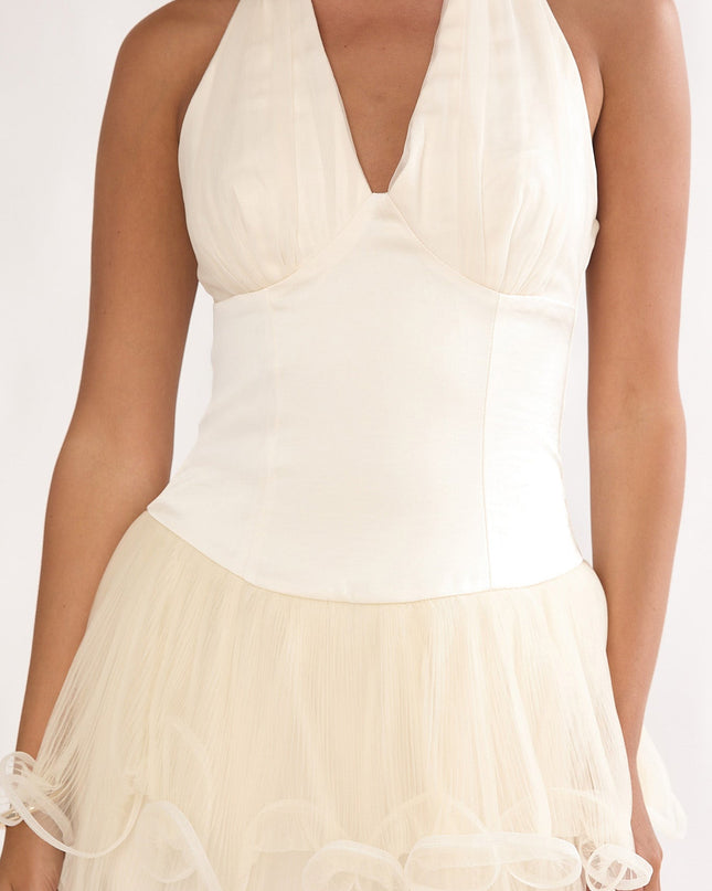 Oyster Halterneck Layered Hem Mini Dress