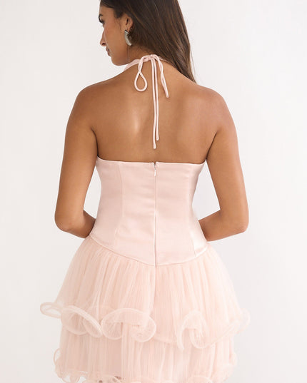 Pink Halterneck Layered Hem Mini Dress