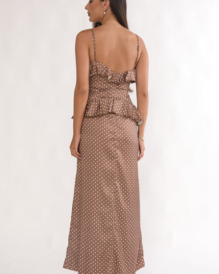 Mocha Ruffle Trim Maxi Dress Polka Dot
