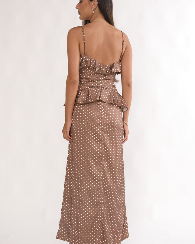 Mocha Ruffle Trim Maxi Dress Polka Dot