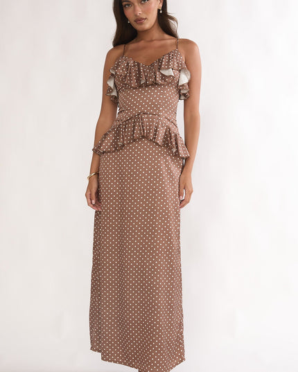 Mocha Ruffle Trim Maxi Dress Polka Dot
