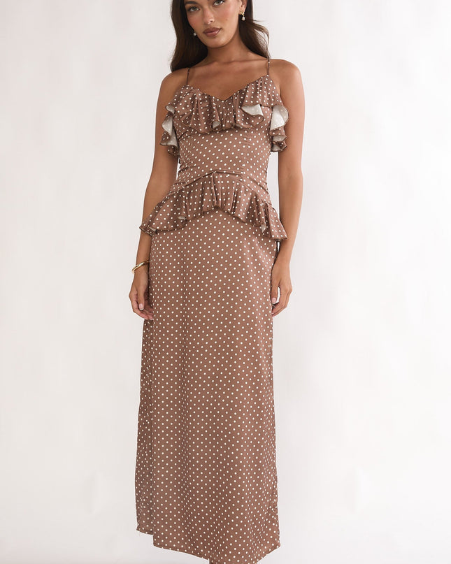 Mocha Ruffle Trim Maxi Dress Polka Dot