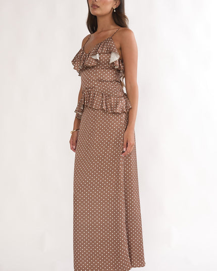 Mocha Ruffle Trim Maxi Dress Polka Dot