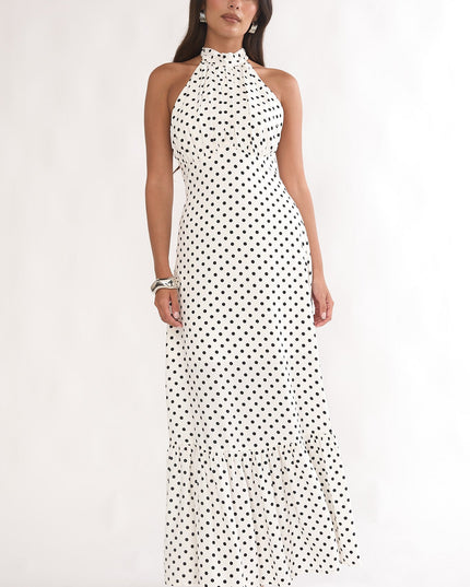 White High Neck Halter Maxi Dress Polka Dot