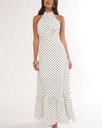 White High Neck Halter Maxi Dress Polka Dot