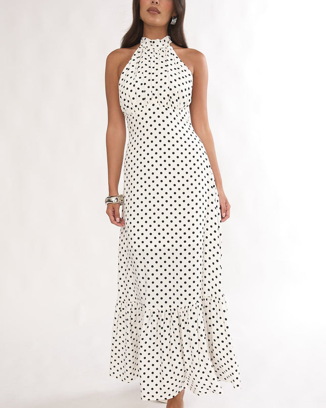 White High Neck Halter Maxi Dress Polka Dot