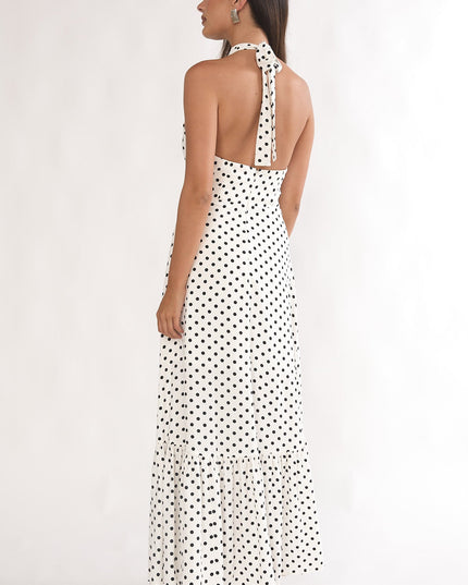 White High Neck Halter Maxi Dress Polka Dot