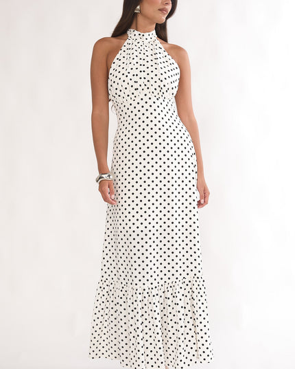 White High Neck Halter Maxi Dress Polka Dot
