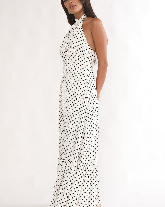 White High Neck Halter Maxi Dress Polka Dot