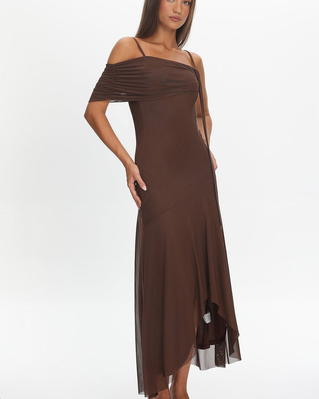 Chocolate Asymmetric Hem Mesh Maxi Dress