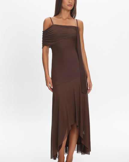Chocolate Asymmetric Hem Mesh Maxi Dress