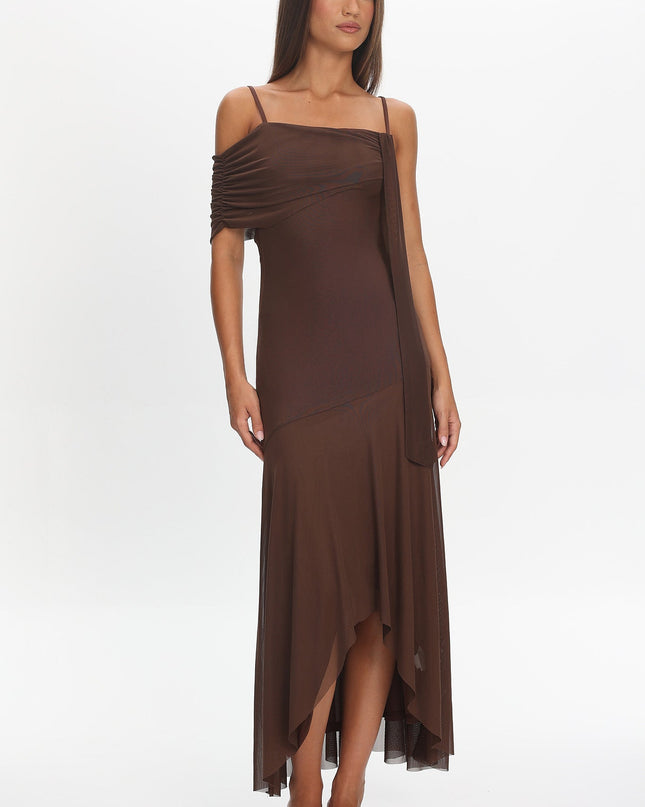 Chocolate Asymmetric Hem Mesh Maxi Dress