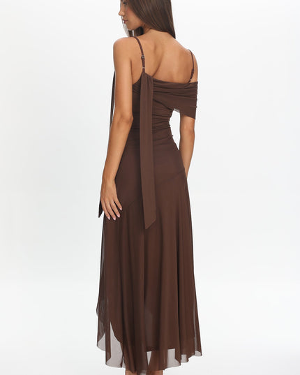 Chocolate Asymmetric Hem Mesh Maxi Dress