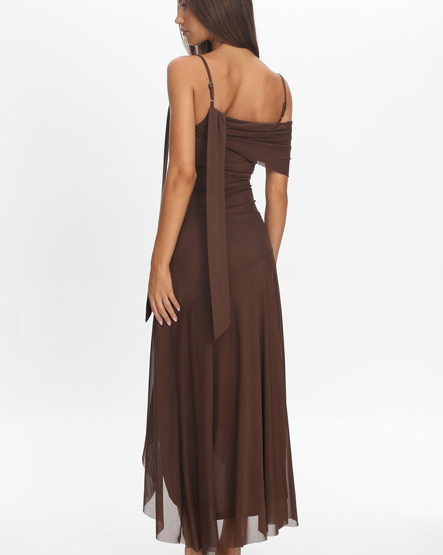 Chocolate Asymmetric Hem Mesh Maxi Dress