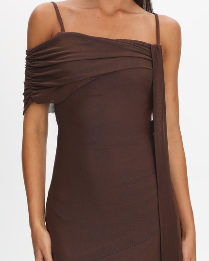 Chocolate Asymmetric Hem Mesh Maxi Dress