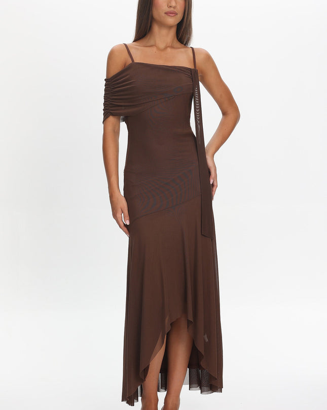Chocolate Asymmetric Hem Mesh Maxi Dress