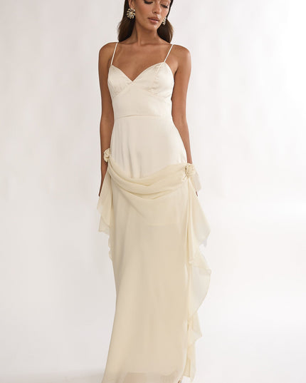 Oyster Rosette Chiffon Drape Maxi Dress