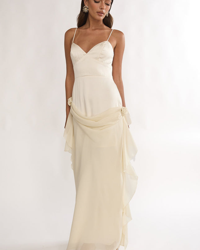 Oyster Rosette Chiffon Drape Maxi Dress