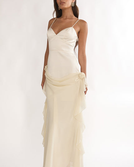 Oyster Rosette Chiffon Drape Maxi Dress