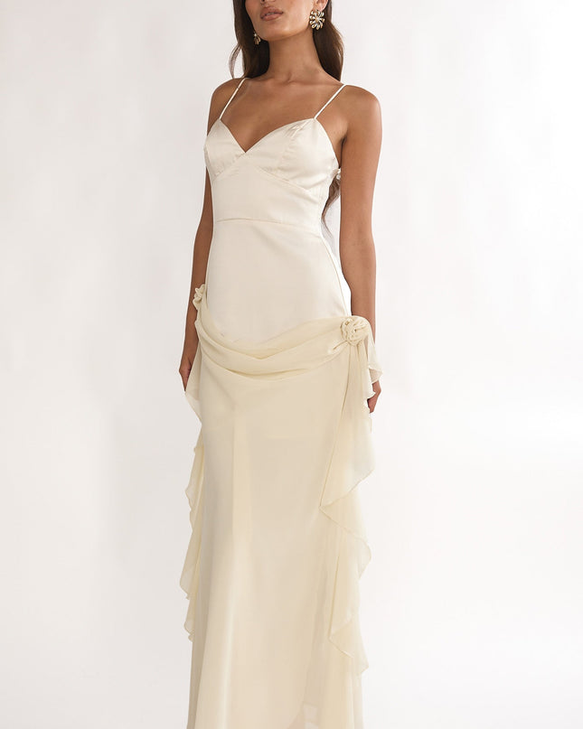 Oyster Rosette Chiffon Drape Maxi Dress