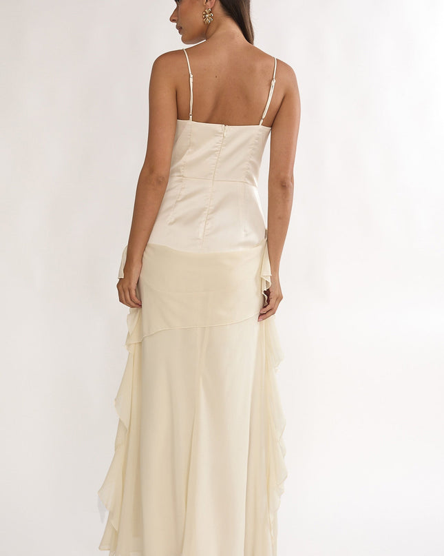 Oyster Rosette Chiffon Drape Maxi Dress