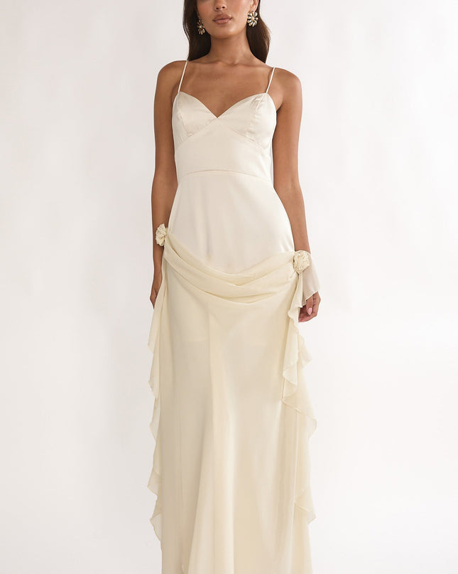 Oyster Rosette Chiffon Drape Maxi Dress