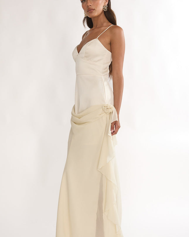 Oyster Rosette Chiffon Drape Maxi Dress