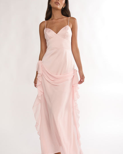 Pink Rosette Chiffon Drape Maxi Dress