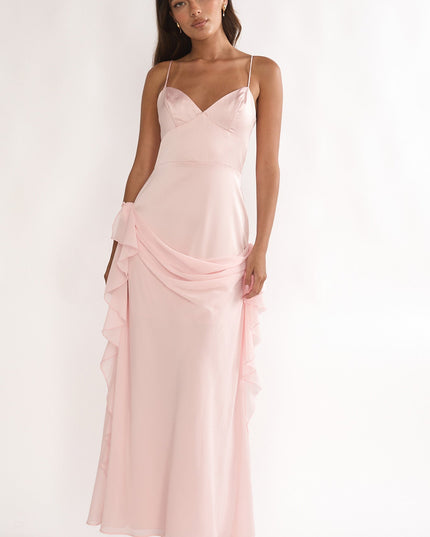 Pink Rosette Chiffon Drape Maxi Dress