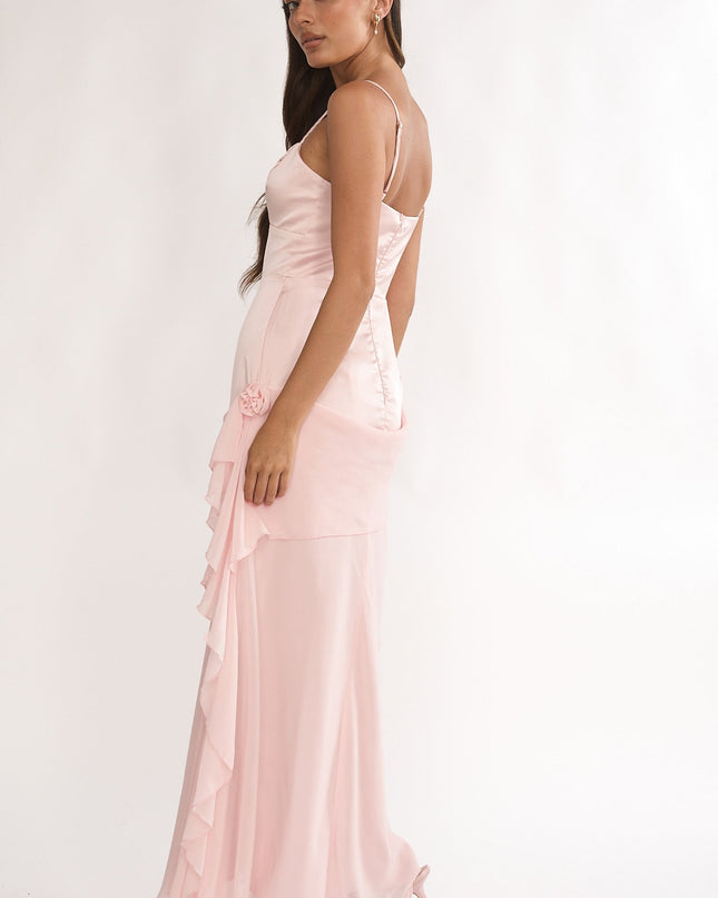 Pink Rosette Chiffon Drape Maxi Dress