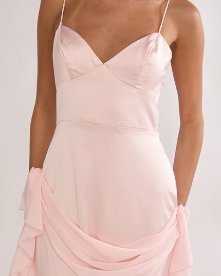 Pink Rosette Chiffon Drape Maxi Dress