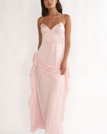Pink Rosette Chiffon Drape Maxi Dress