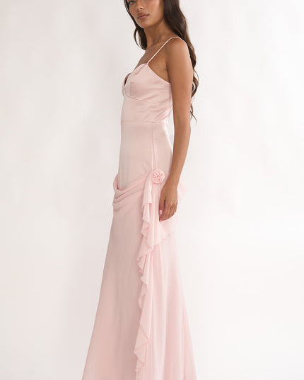 Pink Rosette Chiffon Drape Maxi Dress
