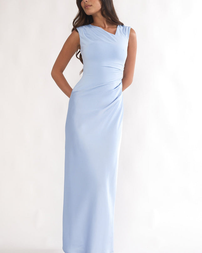 Blue Side Pleat Maxi Dress