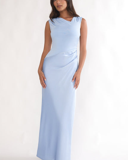 Blue Side Pleat Maxi Dress