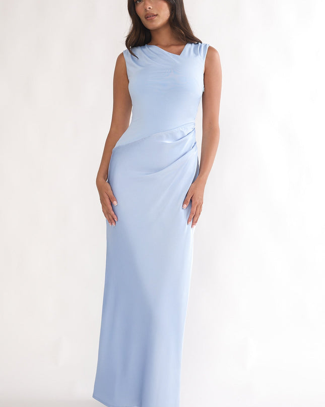 Blue Side Pleat Maxi Dress